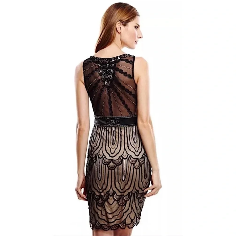 SUE WONG 4 Black Nude Beaded Sequin embellished Formal Cocktail dress